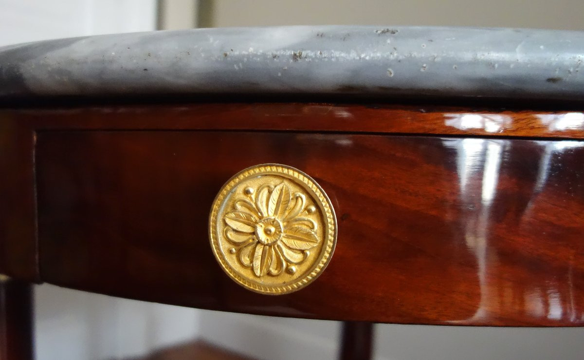 Empire Style Tea Table/pedestal Table In Mahogany, Mercury-gilt Bronze And Blue Turquin Marble-photo-2