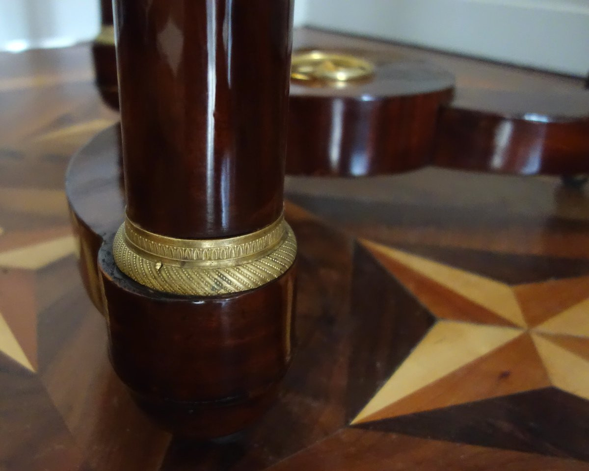 Empire Style Tea Table/pedestal Table In Mahogany, Mercury-gilt Bronze And Blue Turquin Marble-photo-5