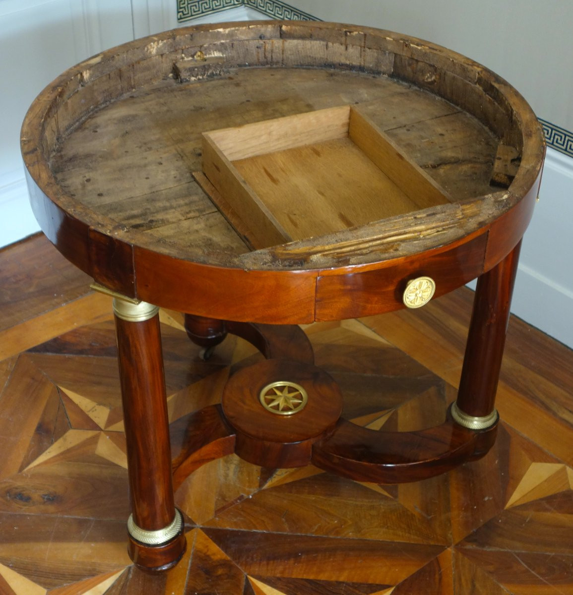 Empire Style Tea Table/pedestal Table In Mahogany, Mercury-gilt Bronze And Blue Turquin Marble-photo-6