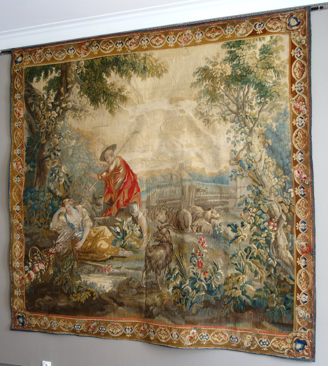 Tapisserie d'Aubusson polychrome, laine et soie, scène galante milieu XVIIIe siècle 248x256cm-photo-2
