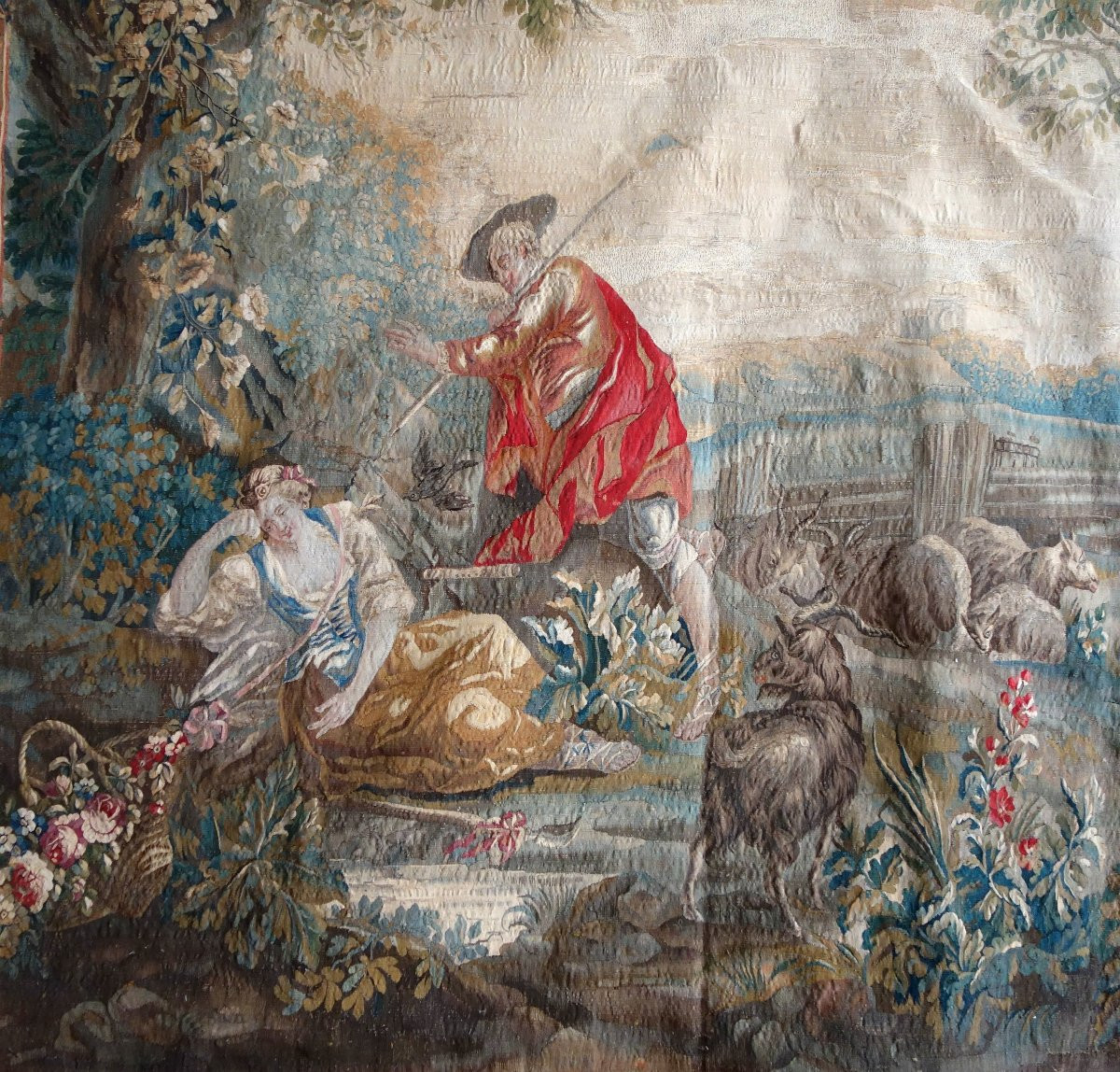 Tapisserie d'Aubusson polychrome, laine et soie, scène galante milieu XVIIIe siècle 248x256cm-photo-4