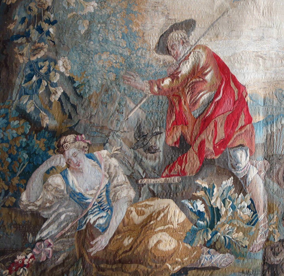 Tapisserie d'Aubusson polychrome, laine et soie, scène galante milieu XVIIIe siècle 248x256cm-photo-1