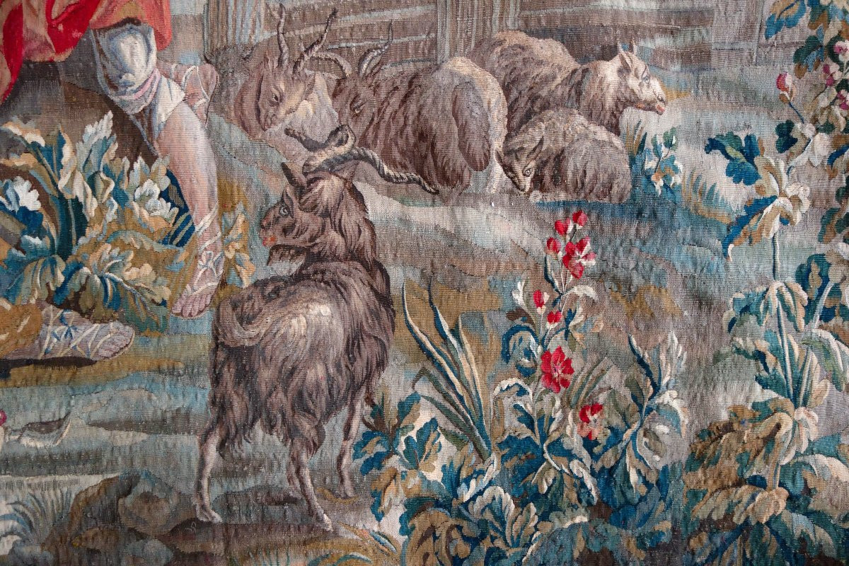 Tapisserie d'Aubusson polychrome, laine et soie, scène galante milieu XVIIIe siècle 248x256cm-photo-5
