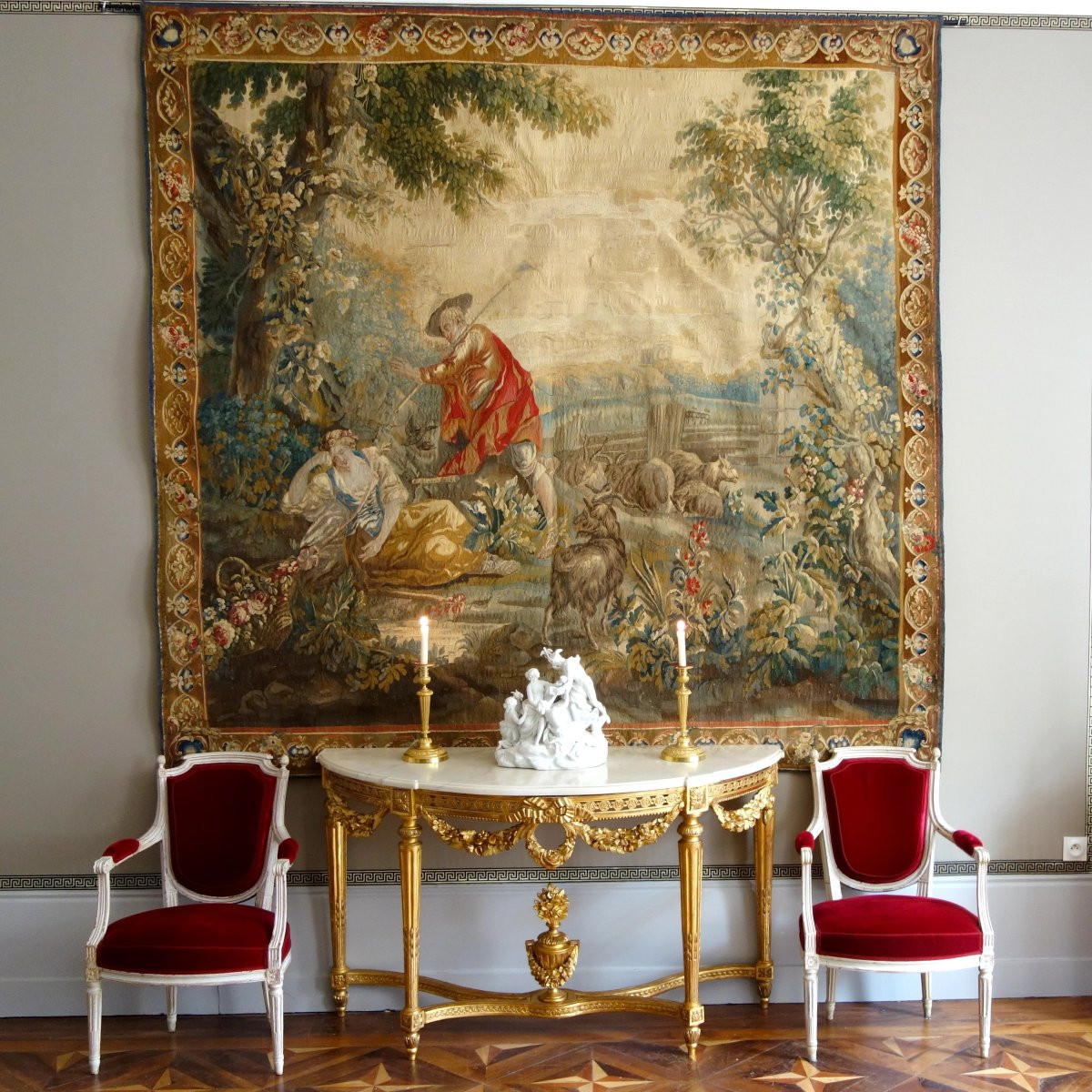 Tapisserie d'Aubusson polychrome, laine et soie, scène galante milieu XVIIIe siècle 248x256cm-photo-8