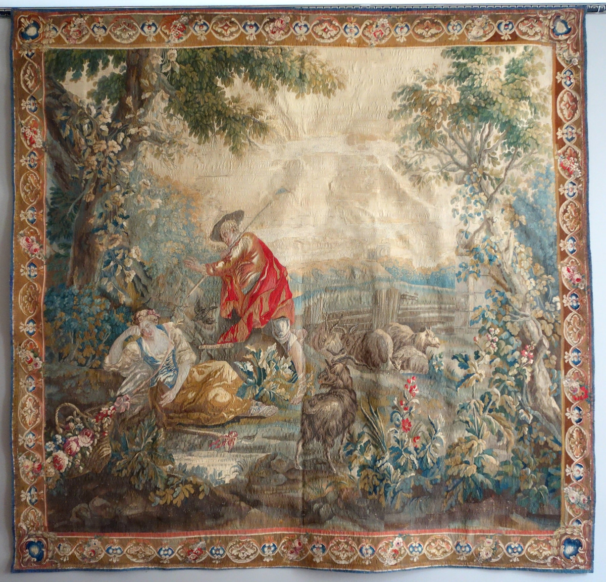 Tapisserie d'Aubusson polychrome, laine et soie, scène galante milieu XVIIIe siècle 248x256cm