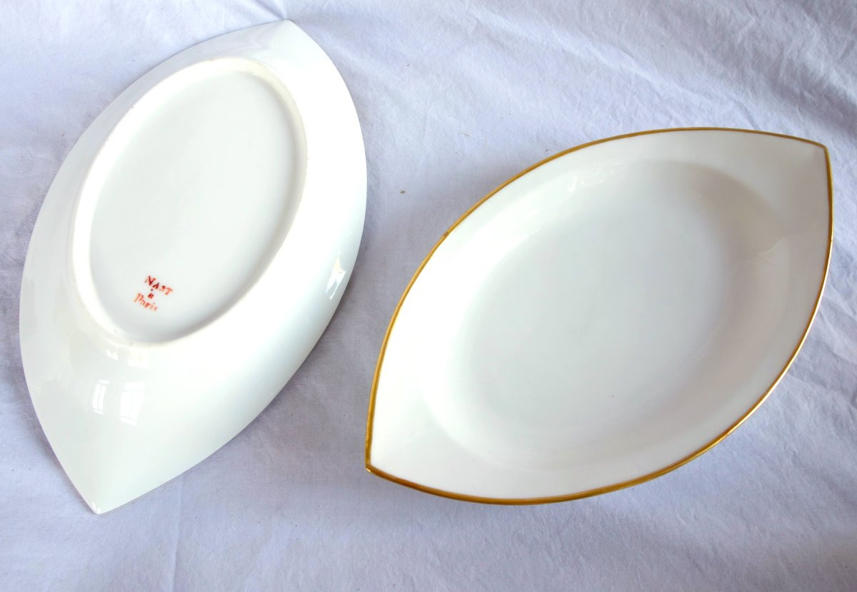   Nast : Pair Of Empire Porcelain Navette-shaped Dishes Enhanced With Fine Gold - Early 19th-photo-4