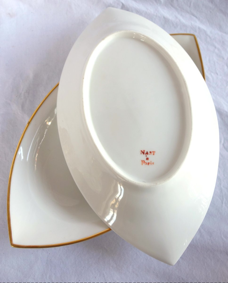  Nast : Pair Of Empire Porcelain Navette-shaped Dishes Enhanced With Fine Gold - Early 19th-photo-5