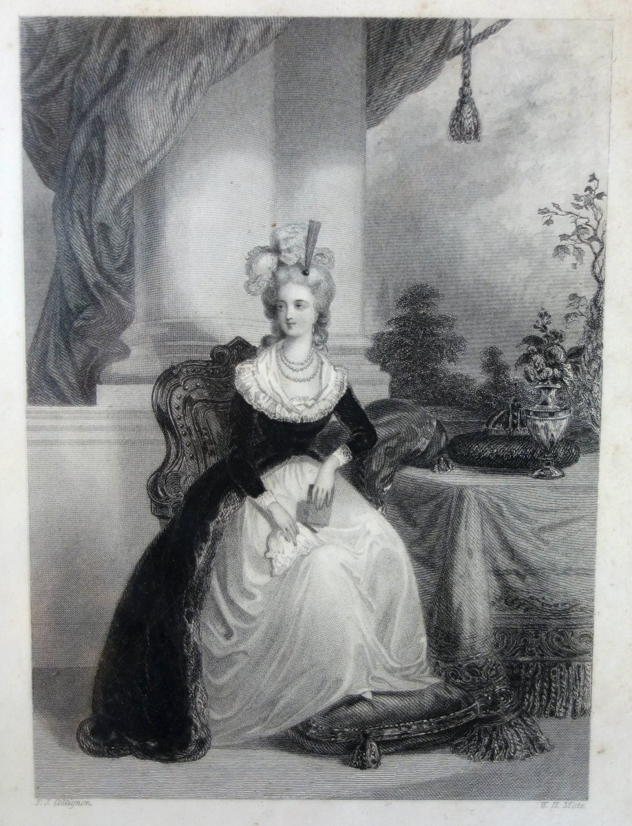 Gravure Royaliste - portrait de la Reine Marie Antoinette, cadre marqueterie d'époque Charles X-photo-3