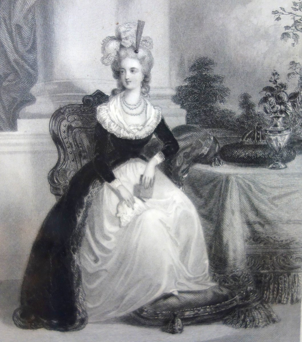 Gravure Royaliste - portrait de la Reine Marie Antoinette, cadre marqueterie d'époque Charles X-photo-4