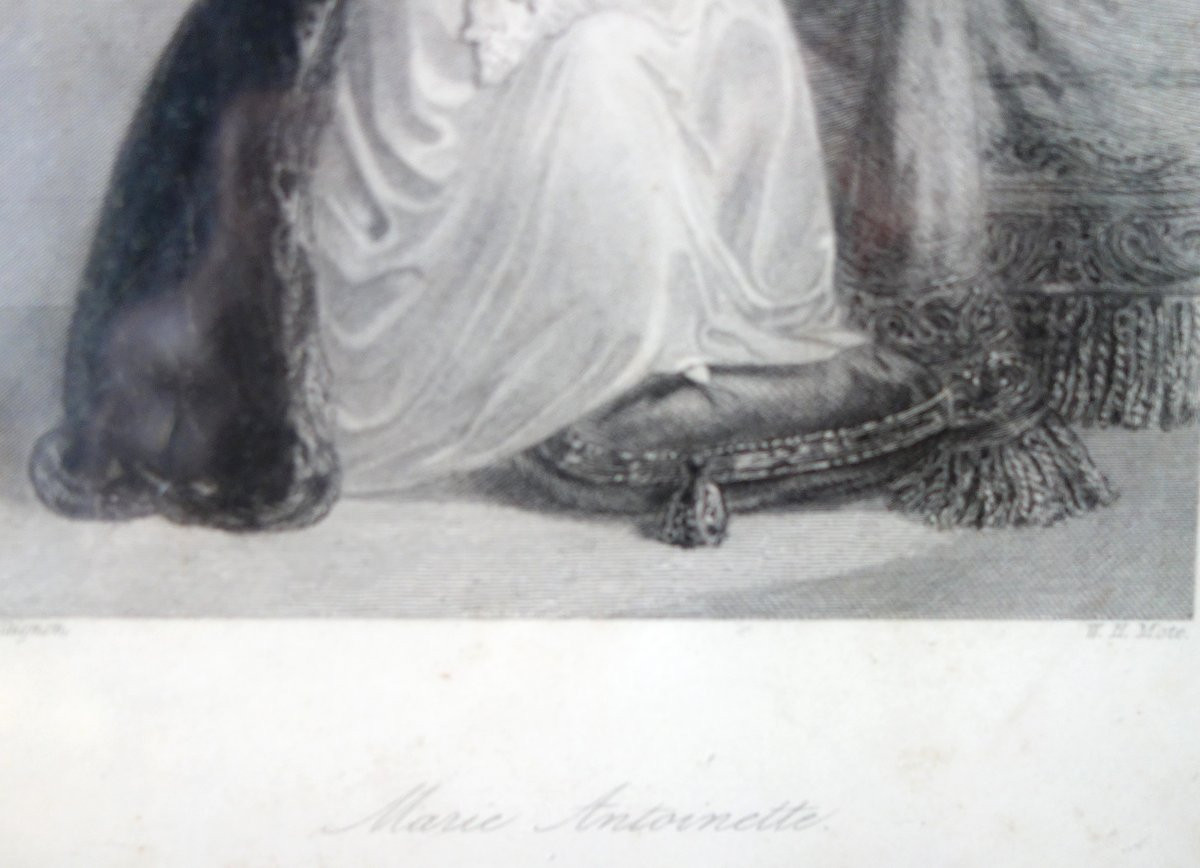 Gravure Royaliste - portrait de la Reine Marie Antoinette, cadre marqueterie d'époque Charles X-photo-1