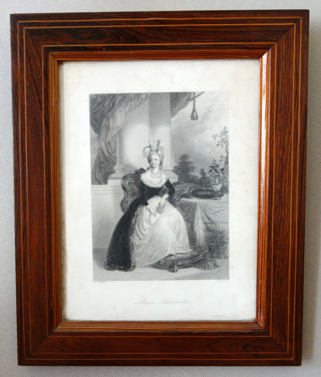 Gravure Royaliste - portrait de la Reine Marie Antoinette, cadre marqueterie d'époque Charles X