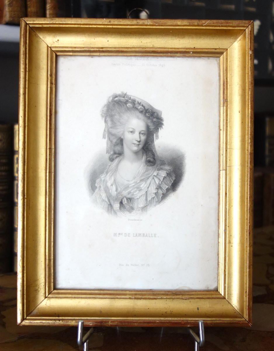 Gravure Portrait de Madame de Lamballe, souvenir historique royaliste dans son cadre bois doré-photo-4