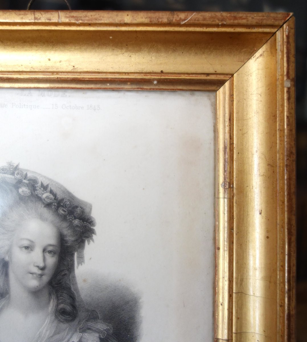 Gravure Portrait de Madame de Lamballe, souvenir historique royaliste dans son cadre bois doré-photo-1