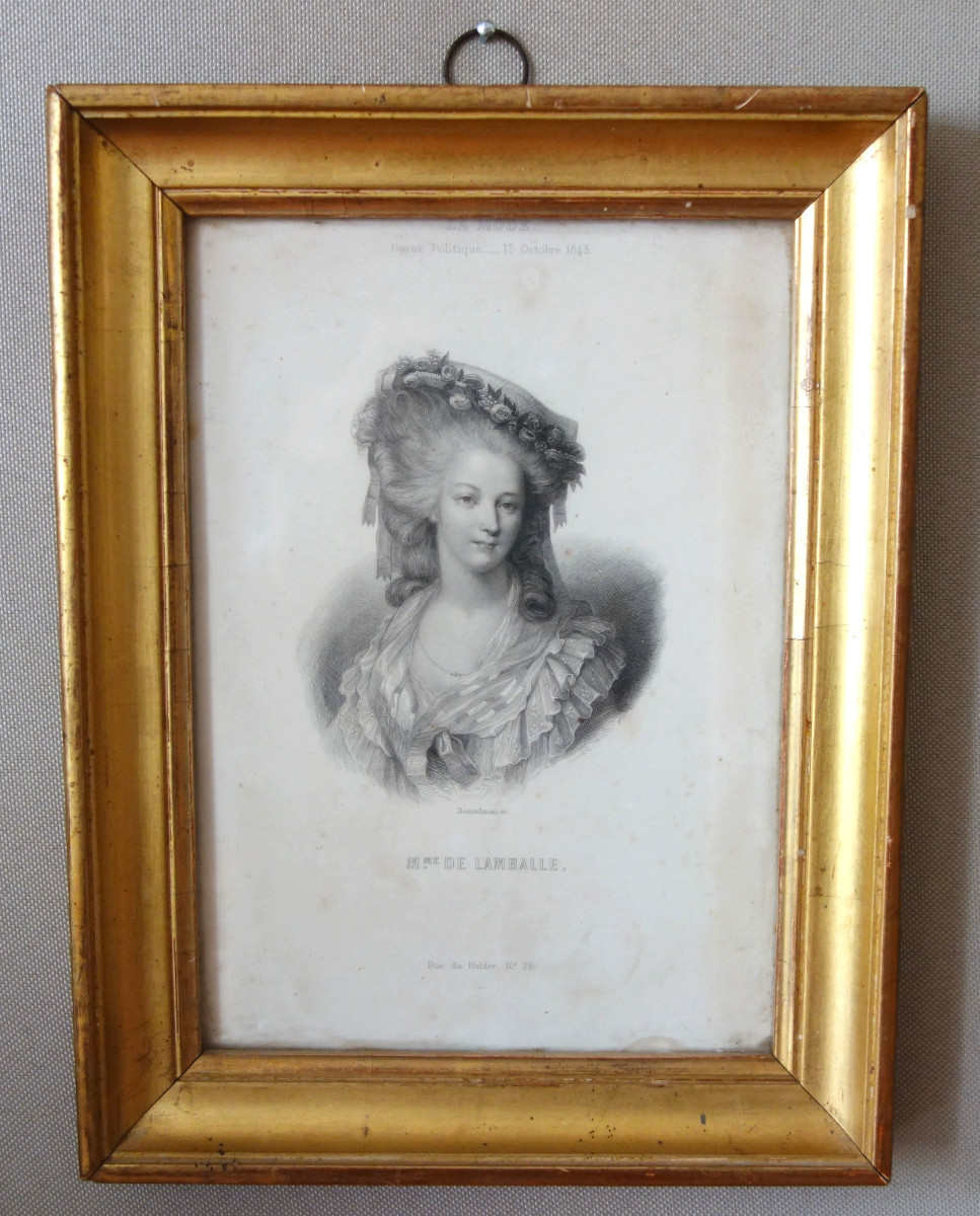 Gravure Portrait de Madame de Lamballe, souvenir historique royaliste dans son cadre bois doré