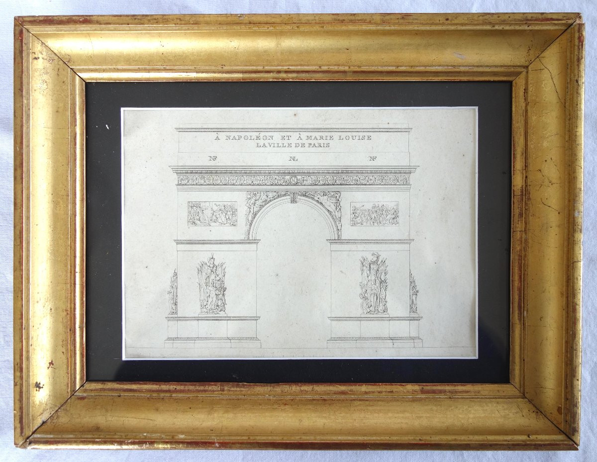L'Arc de Triomphe de l'Etoile à Paris - projet d'architecture - gravure d'époque Empire-photo-2