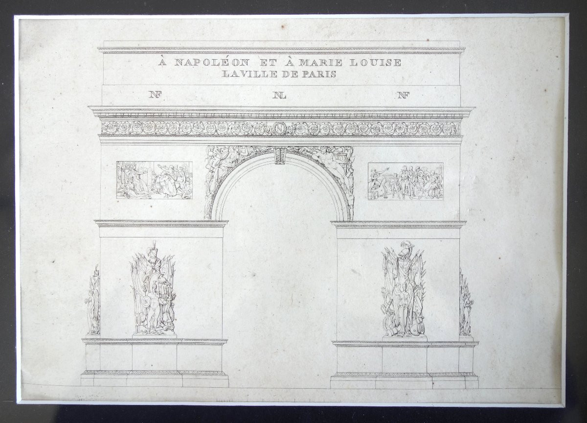 L'Arc de Triomphe de l'Etoile à Paris - projet d'architecture - gravure d'époque Empire-photo-3