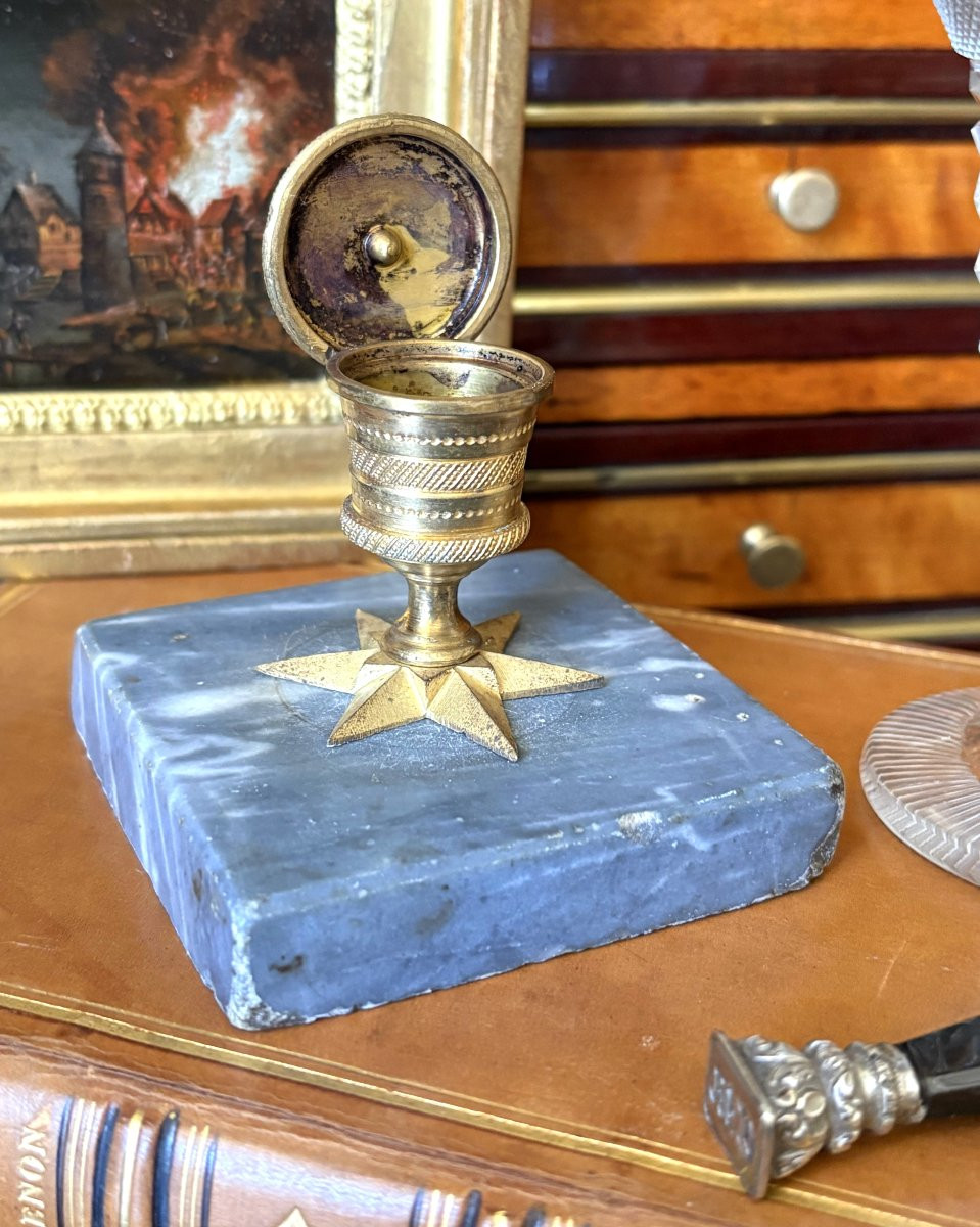 Encrier Empire en bronze doré et marbre bleu turquin-photo-2
