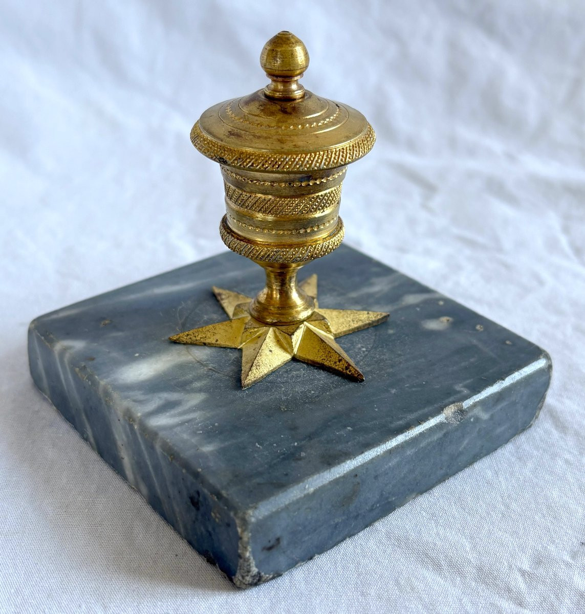 Encrier Empire en bronze doré et marbre bleu turquin-photo-3