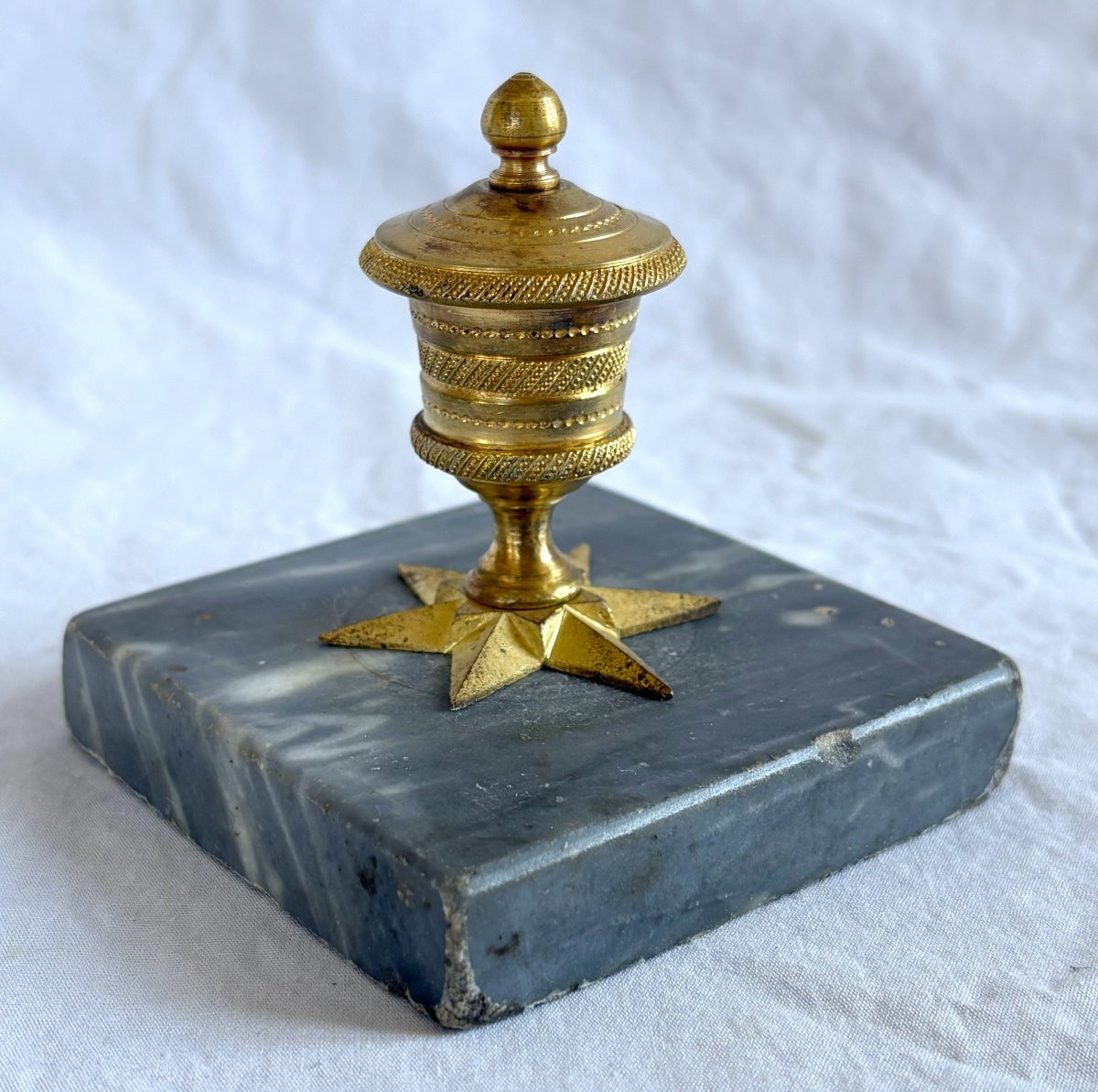 Encrier Empire en bronze doré et marbre bleu turquin-photo-4