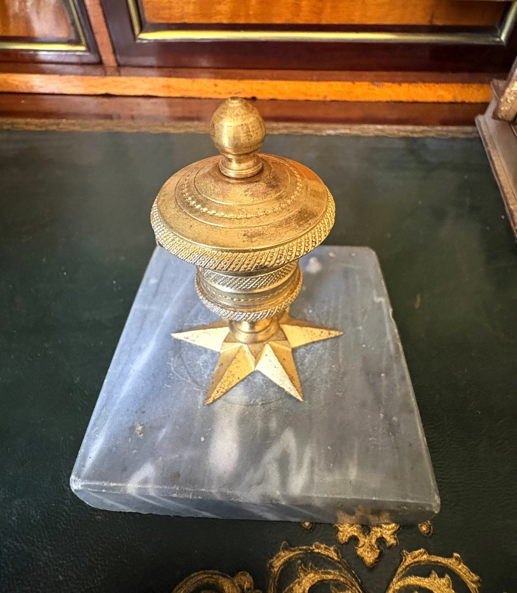 Encrier Empire en bronze doré et marbre bleu turquin-photo-3