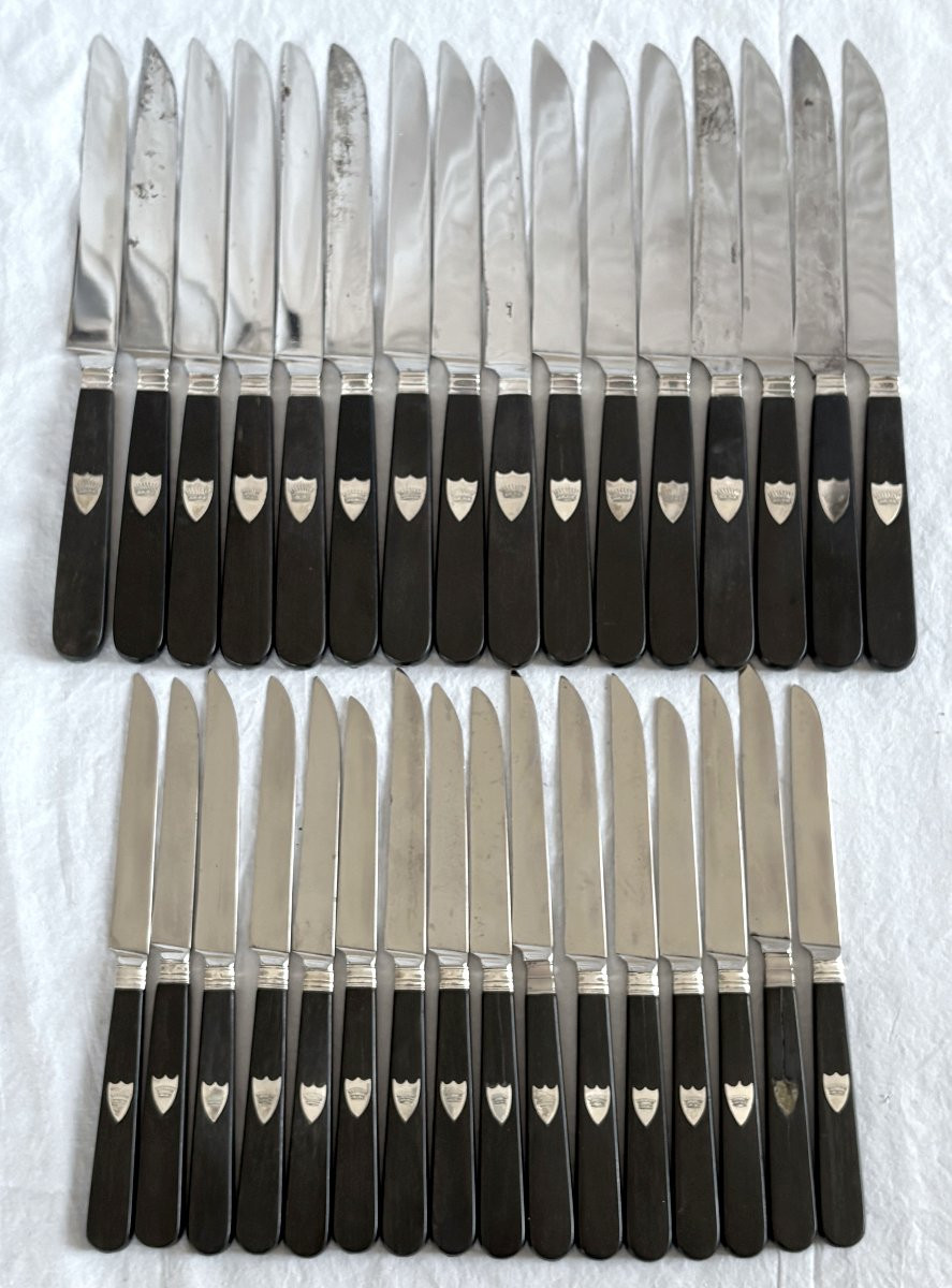 Couronne de Comte - Ménagère de 2x16 couteaux en ébène et argent massif - vers 1830-photo-2