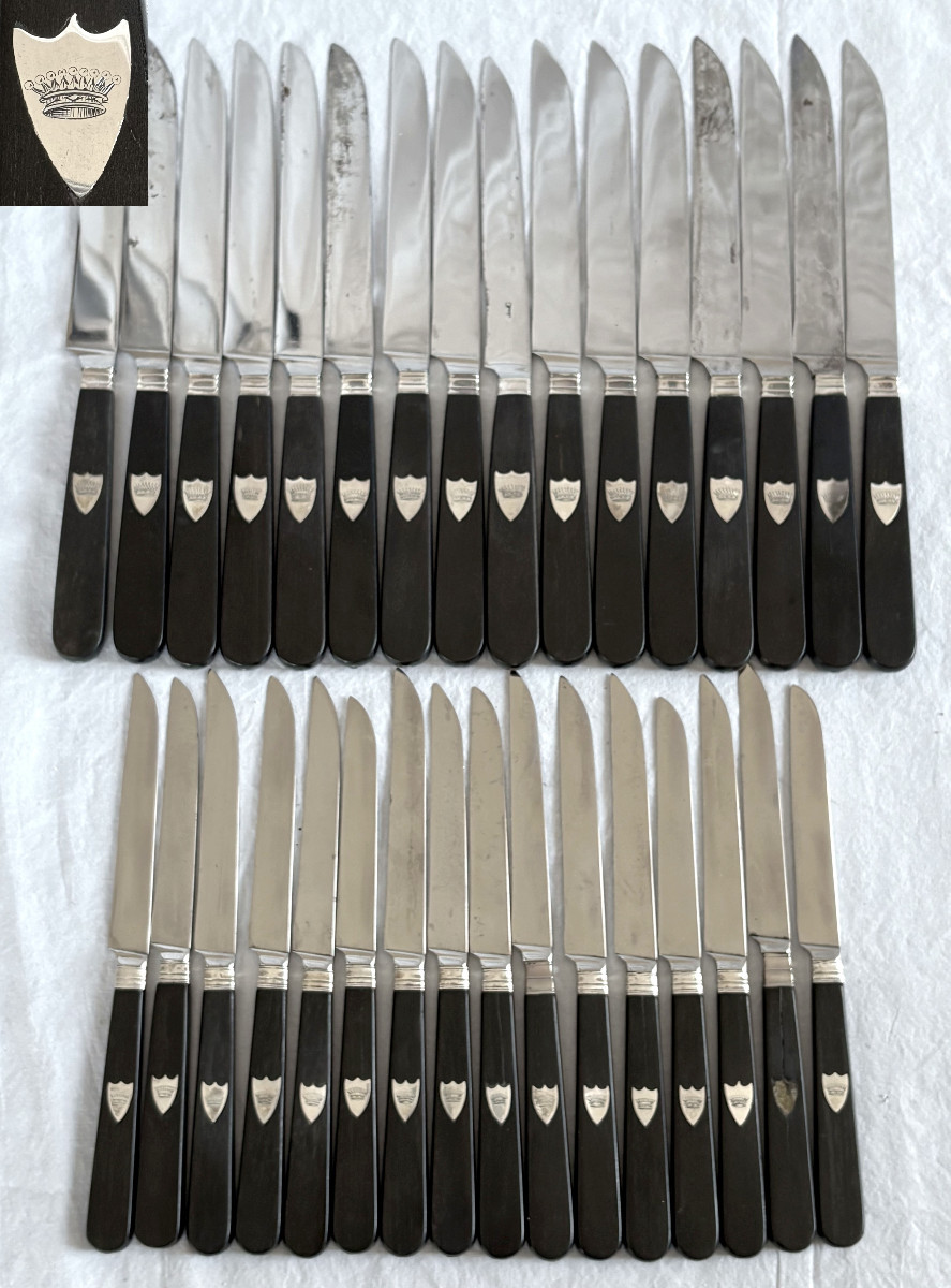 Couronne de Comte - Ménagère de 2x16 couteaux en ébène et argent massif - vers 1830