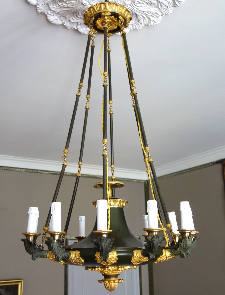Grand lustre à 12 feux Empire d'époque Restauration en bronze patiné et doré, vers 1820-1830-photo-2
