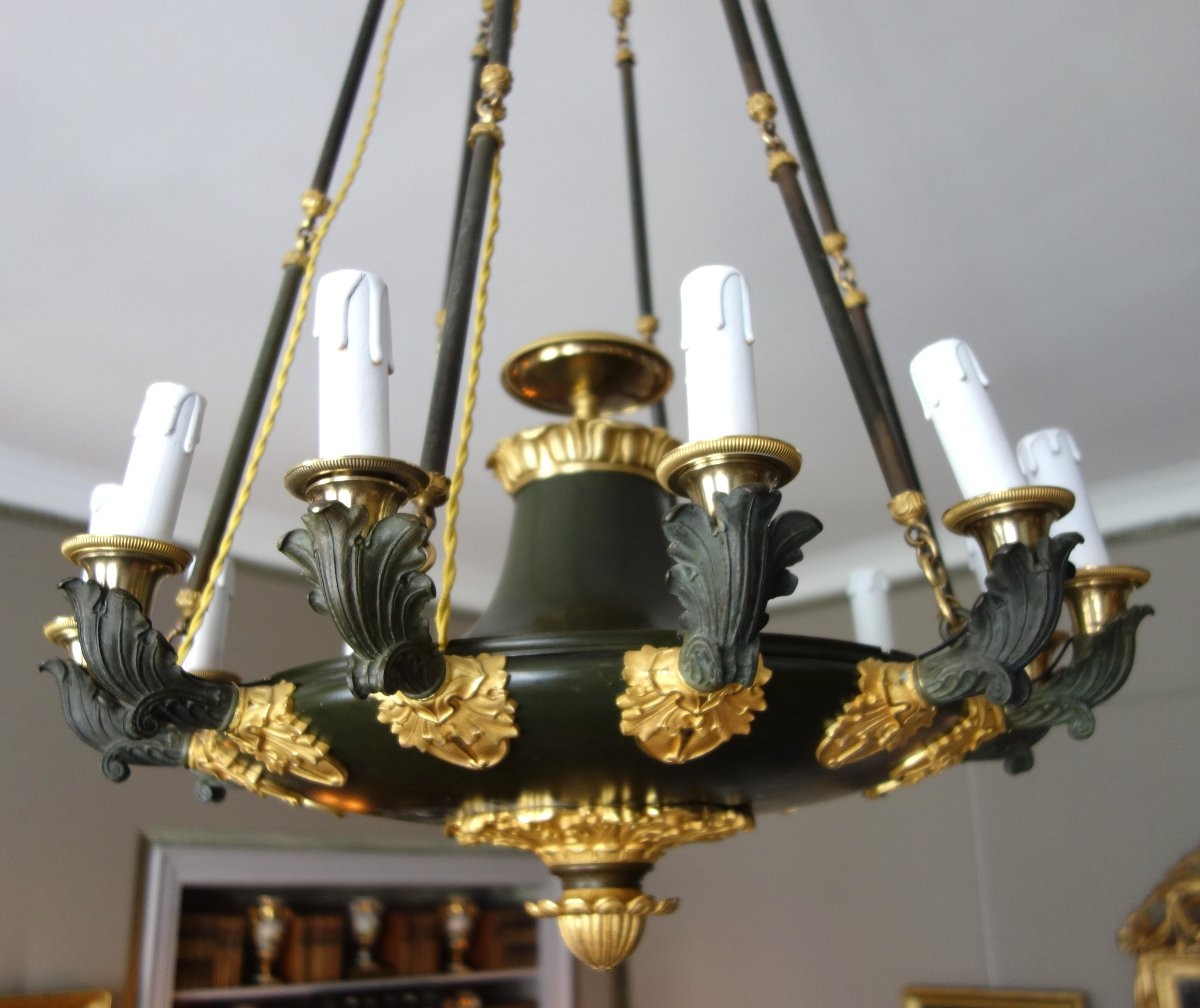 Grand lustre à 12 feux Empire d'époque Restauration en bronze patiné et doré, vers 1820-1830-photo-2