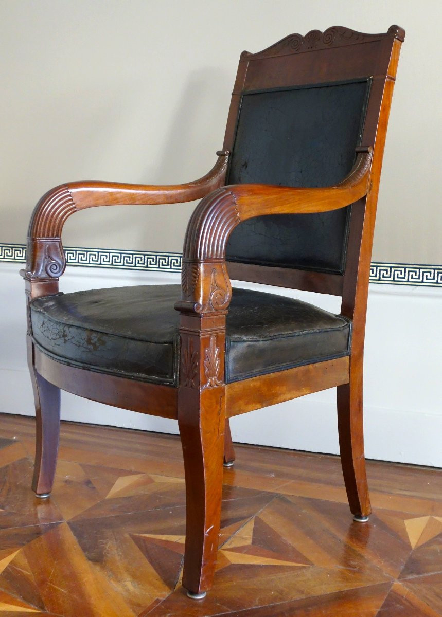 Paire de fauteuils de cabinet ou de bureau en acajou et cuir - travail parisien d'époque Empire-photo-2