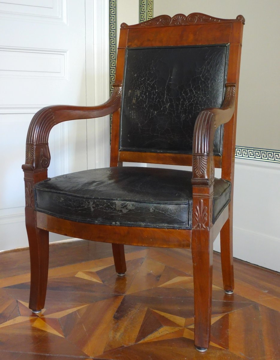 Paire de fauteuils de cabinet ou de bureau en acajou et cuir - travail parisien d'époque Empire-photo-3