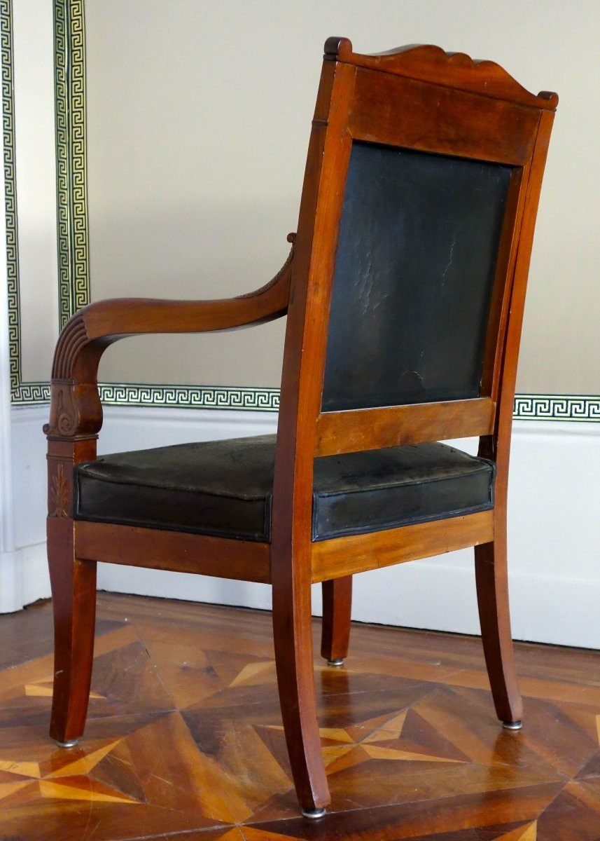 Paire de fauteuils de cabinet ou de bureau en acajou et cuir - travail parisien d'époque Empire-photo-2