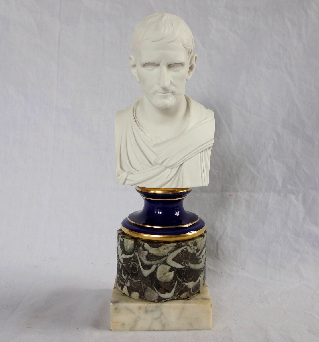 Socle colonne en marbre brèche gris - travail italien de style Louis XVI néoclassique-photo-5