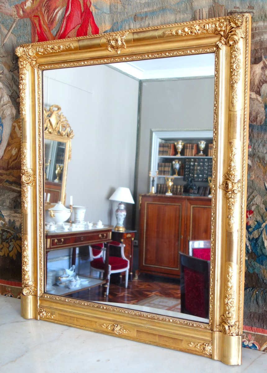 Petit Miroir de cheminée en bois doré de style Louis XV et d'époque Napoléon III - 108cm x 90cm-photo-2