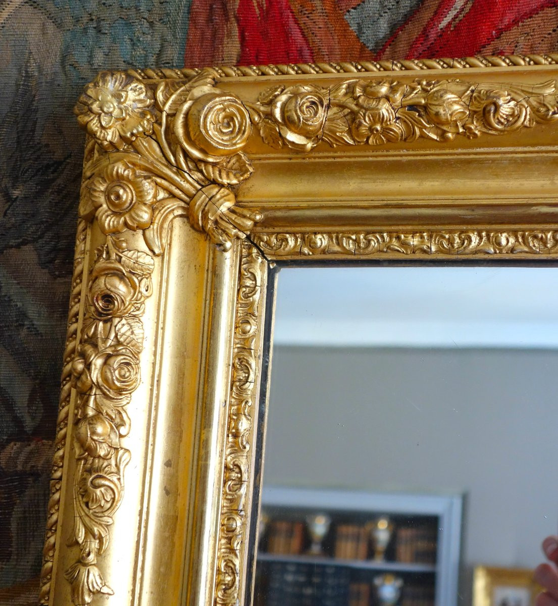 Petit Miroir de cheminée en bois doré de style Louis XV et d'époque Napoléon III - 108cm x 90cm-photo-4