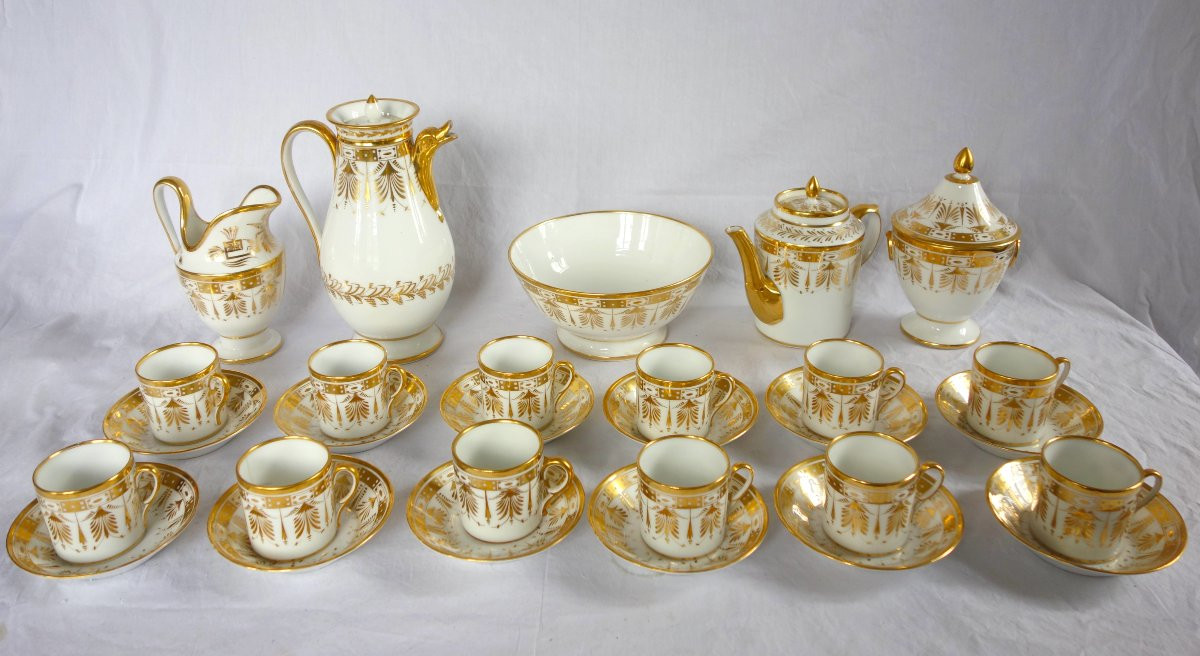 Paris Porcelain Coffee Set Gilt With Fine Gold For 12 Guests  - Empire Period - 17 Pieces-photo-2