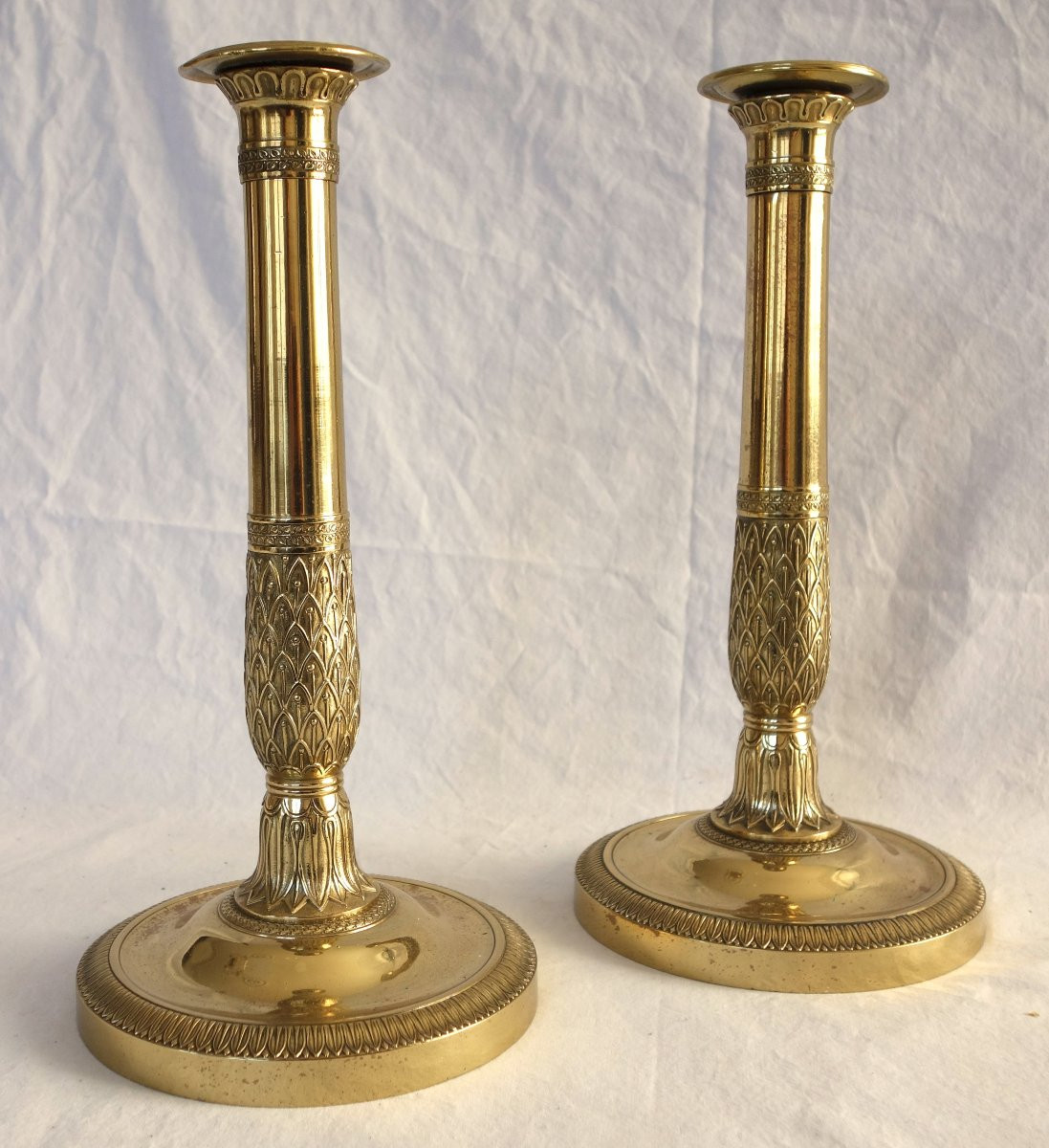 Paire de flambeaux / bougeoirs en canon d’époque Empire Restauration en bronze ciselé - 28cm-photo-3