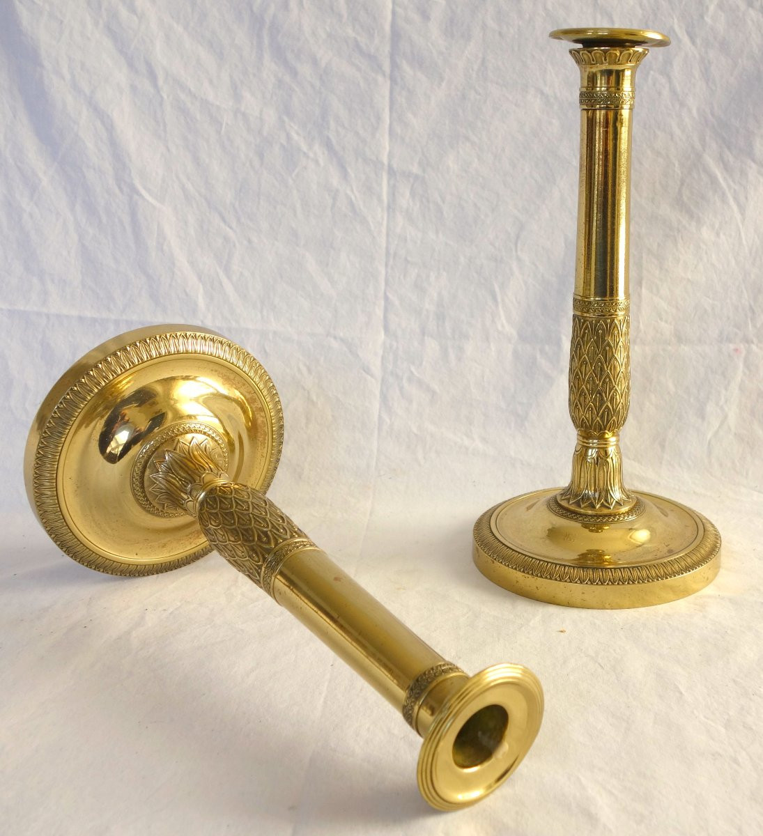 Paire de flambeaux / bougeoirs en canon d’époque Empire Restauration en bronze ciselé - 28cm-photo-4