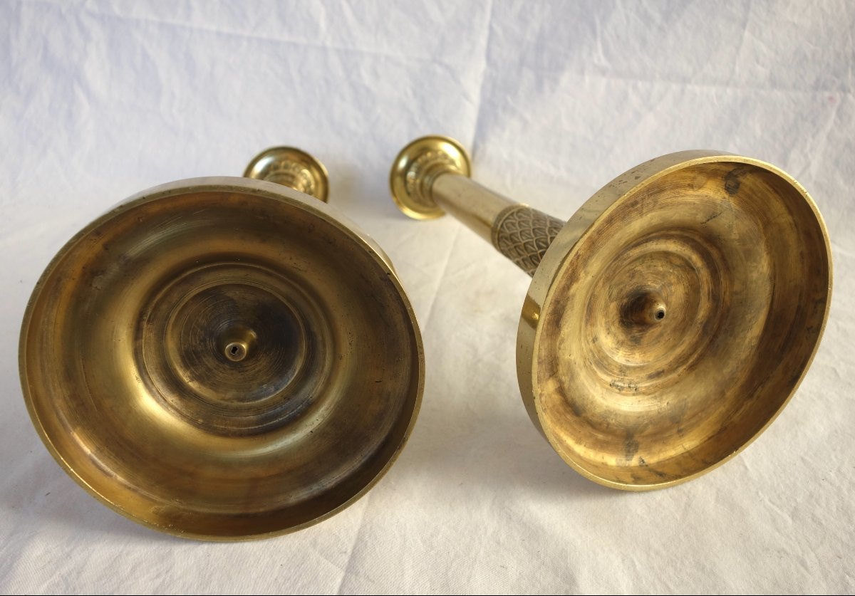 Paire de flambeaux / bougeoirs en canon d’époque Empire Restauration en bronze ciselé - 28cm-photo-6