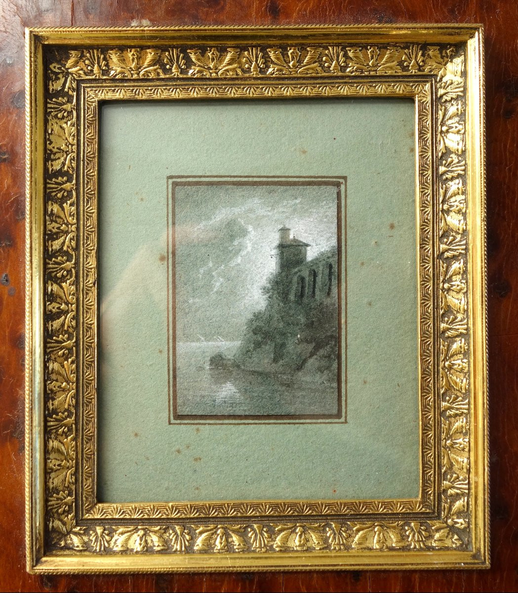 Miniature Painting - Italian Landscape In Grisaille - Gouache, Early 19th Century-photo-3