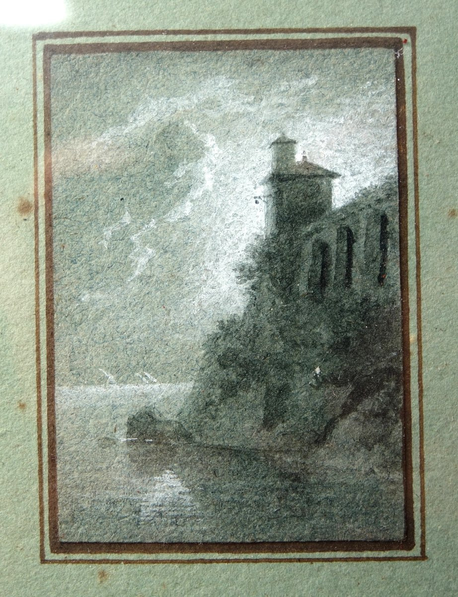Miniature Painting - Italian Landscape In Grisaille - Gouache, Early 19th Century-photo-4