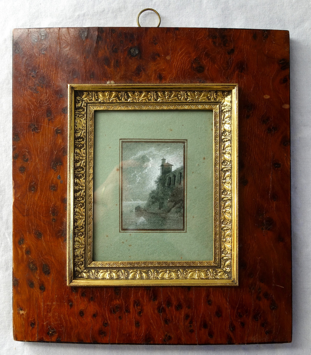 Miniature Painting - Italian Landscape In Grisaille - Gouache, Early 19th Century