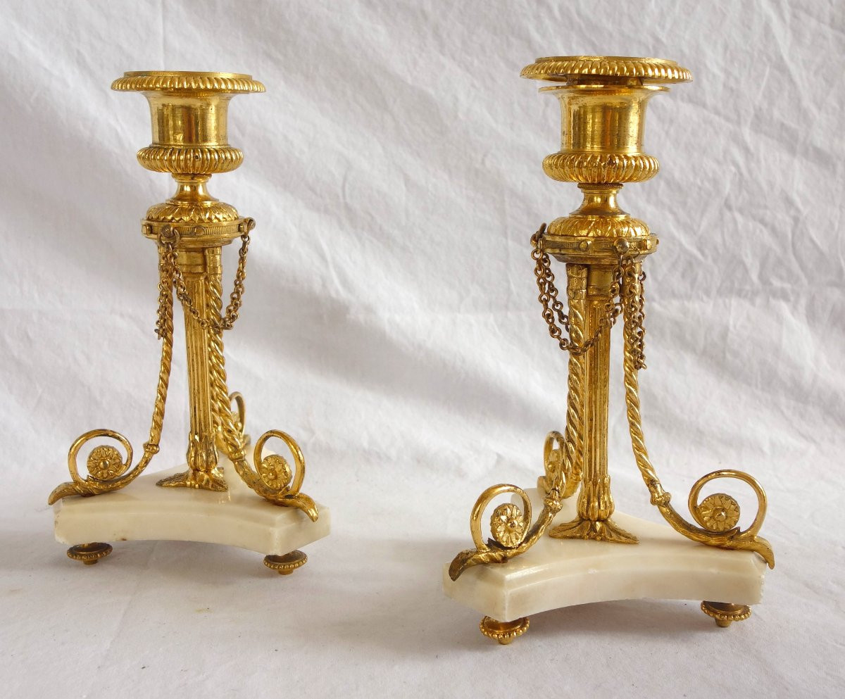 Pair Of Tripod Candlesticks In Gilt Bronze And Marble, Louis XVI Style-photo-2