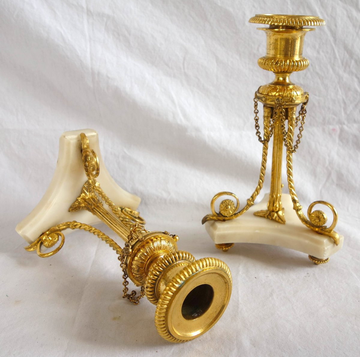 Pair Of Tripod Candlesticks In Gilt Bronze And Marble, Louis XVI Style-photo-2