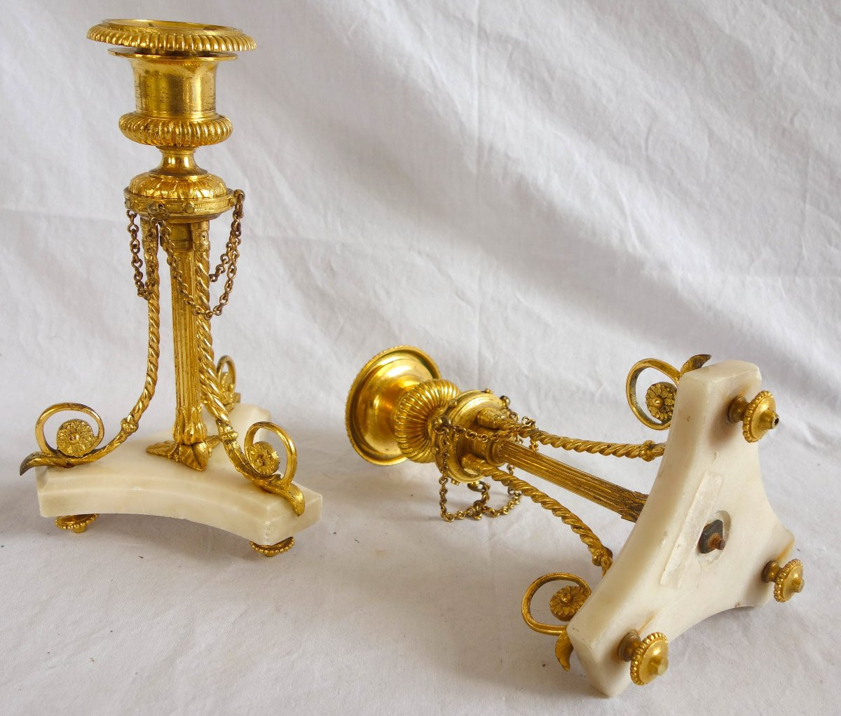 Pair Of Tripod Candlesticks In Gilt Bronze And Marble, Louis XVI Style-photo-3