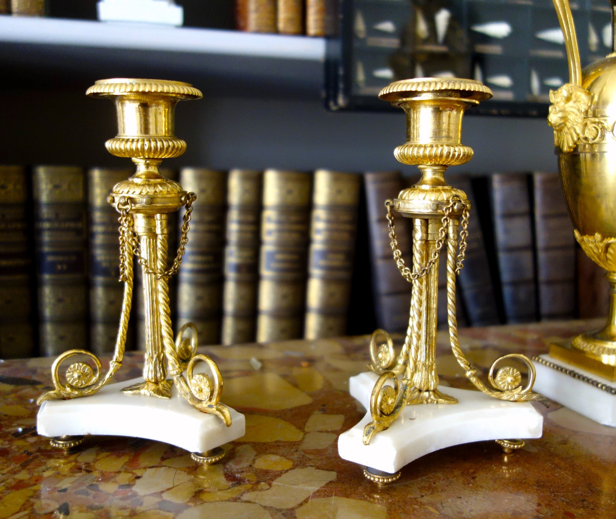 Pair Of Tripod Candlesticks In Gilt Bronze And Marble, Louis XVI Style