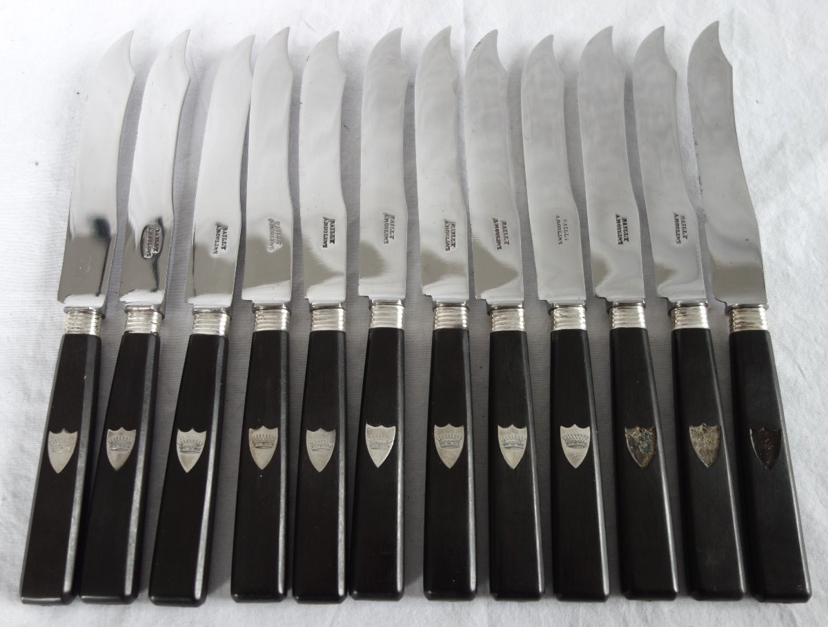 Couronne de Comte - Ménagère de 12 couteaux de table en ébène et argent massif - vers 1830-photo-3