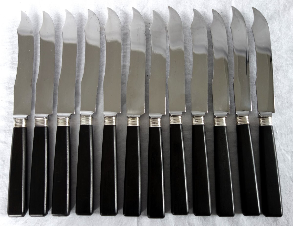 Couronne de Comte - Ménagère de 12 couteaux de table en ébène et argent massif - vers 1830-photo-3