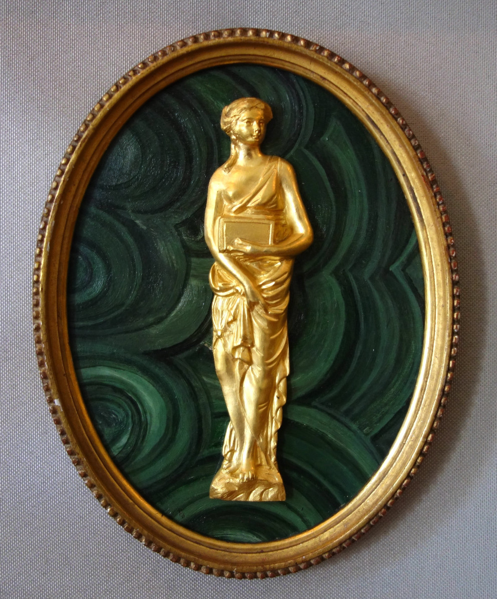 Grde Miniature Vestale 23cm, souvenir du Grand Tour, bronze doré au mercure sur fond malachite-photo-2