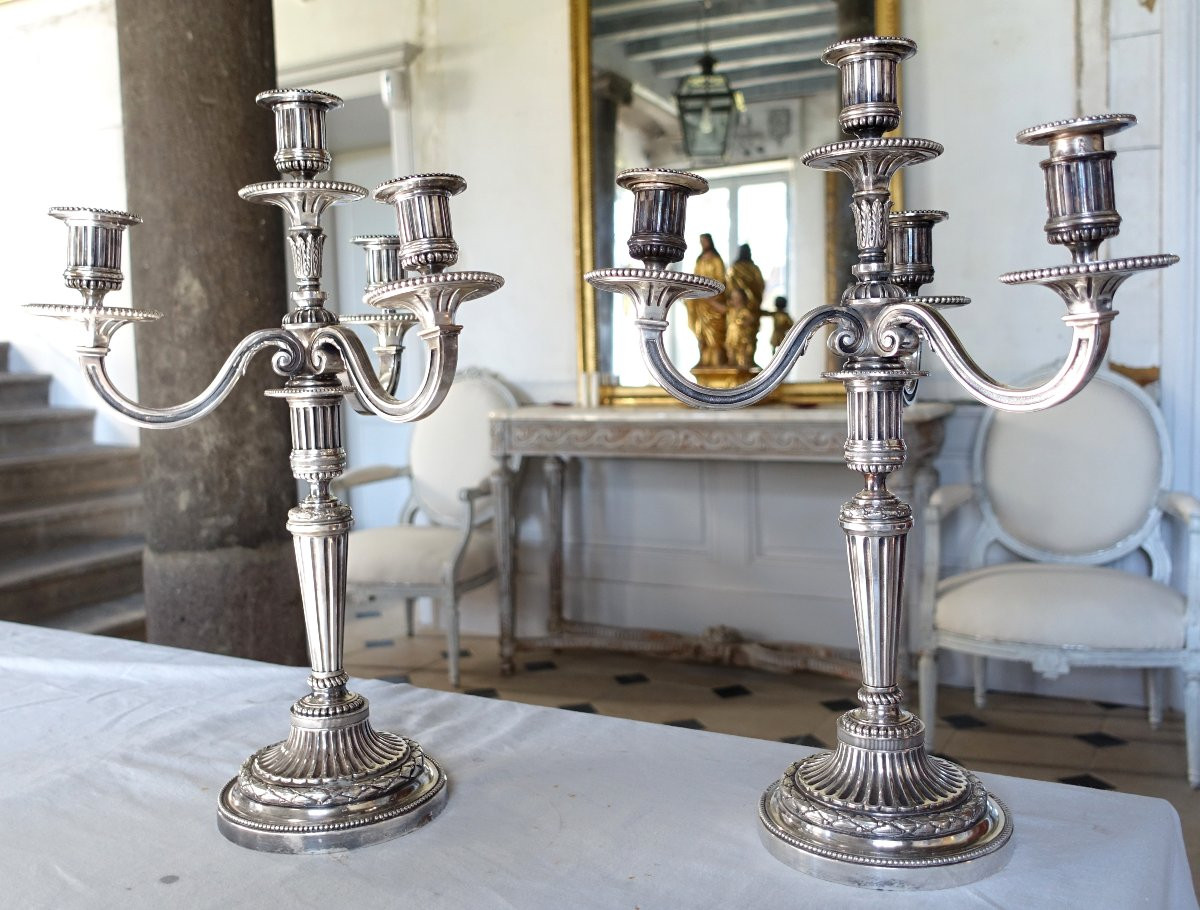   Pair Of Large Louis XVI Style 4-light Candelabra In Silver-plated Bronze-photo-2