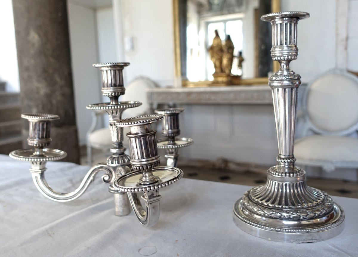   Pair Of Large Louis XVI Style 4-light Candelabra In Silver-plated Bronze-photo-3